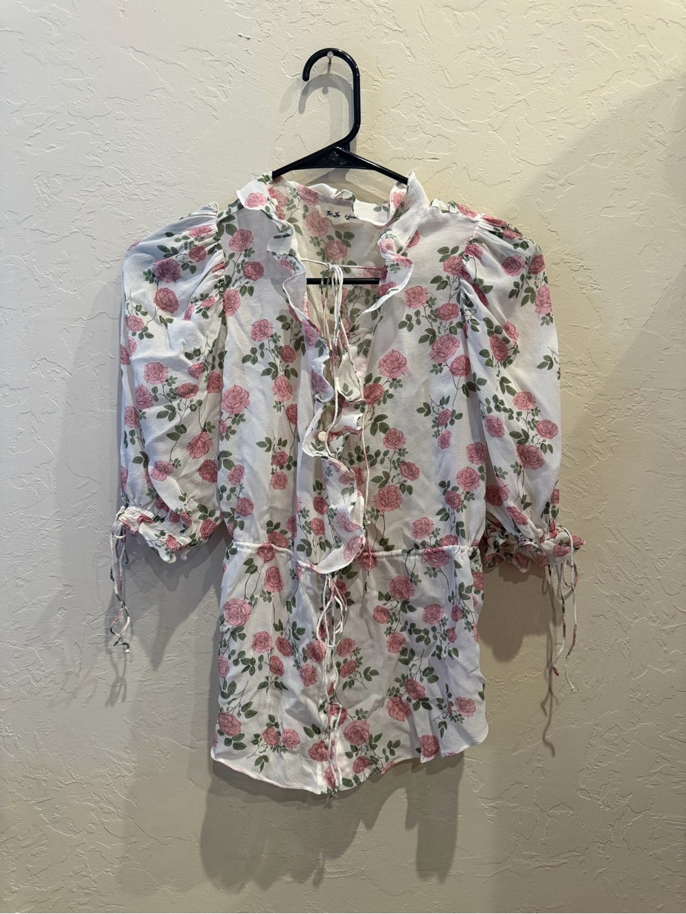For Love & Lemons Floral Silk Chiffon Ruffle Blouse Top Drawstring Puff Sleeve S